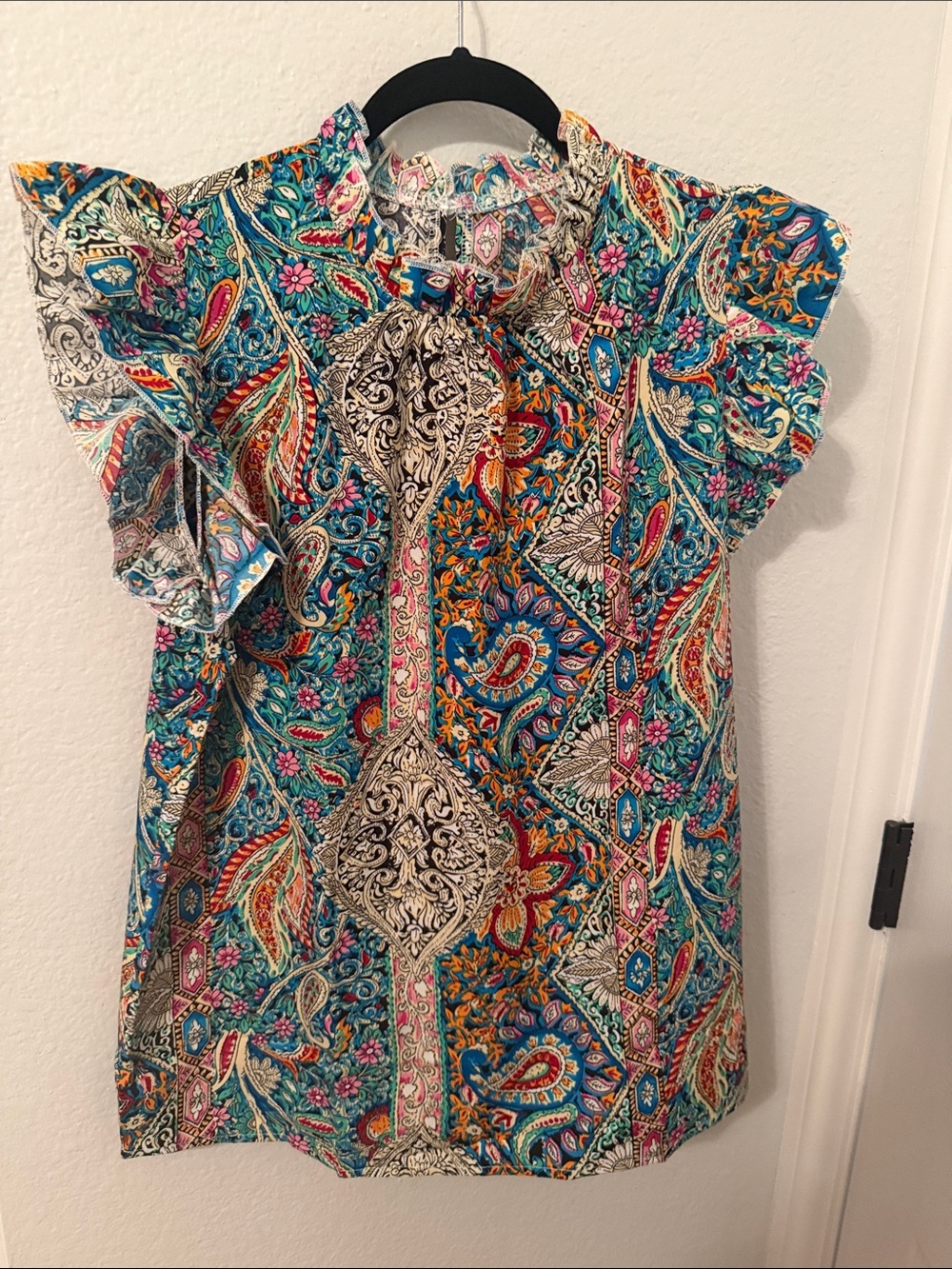 SHEIN Teal Paisley Flutter Sleeve Blouse